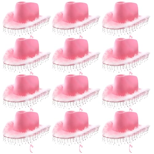 Cowgirl-Hut für Erwachsene, mit Diamant-Fransen und Marabu-Besatz, 12 Stück, rosa Cowboyhut mit Fransen und Marabu-Besatz, für Erwachsene, glitzernd, Federbesatz, Cowgirl-Hut, Western-Party, von I LOVE FANCY DRESS