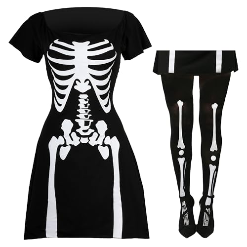 DAMENSKELETT-KOSTÜM Halloween VERRÜCKTES Kleid Damen Skater Stil Kleid Dress Bone Print - MITTEL UK 12-14 von I LOVE FANCY DRESS