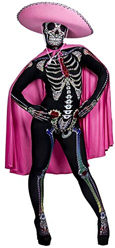 DAY OF THE DEAD KOSTÜME - DAMEN SUGAR SKELETT CATSUIT/GANZKÖRPERANZUG MIT ROSA UMHANG & ROSA SOMBRERO MIT SILBERNEM RAND + REMOVABLE MASK - SUGAR SKULL SKIN SUIT =VON ILOVEFANCYDRESS® =TOLL FÜR HALLOWEEN ODER FASCHING UND KARNEVAL= SKINSUIT IN DER GRÖSSE S/M von I LOVE FANCY DRESS