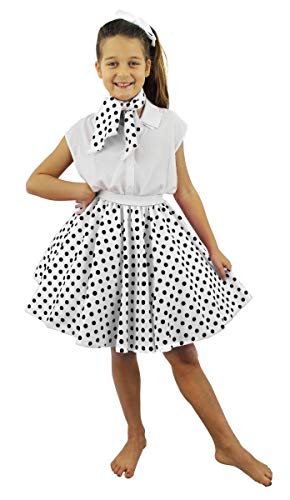 DELUXE KINDER ROCK N ROLL SKIRT FANCY GARTEN KOSTEN ALS Lieferung 18 Zoll Lange (46 cm) POLKA TOD 50er Jahre Pullover mit Hals Carf farbigen Pony und Rollenausgang Kinder (weiß mit schwarzen Punkten) von I LOVE FANCY DRESS