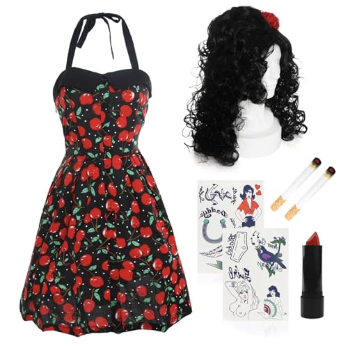 Damen 00er Jahre Sänger Kostüm Groß X-Large Rockabilly Kleid Schwarz Bienenstock Perücke Roter Lippenstift Fake Zigaretten Tattoo Set Erwachsene Noughties Musik Fasching Kostüm Zubehör Set von I LOVE FANCY DRESS