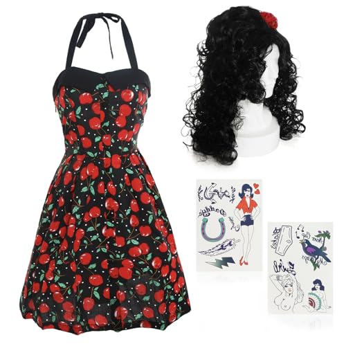 Damen 00er Jahre Sänger Kostüm - Large/X-Large - Rockabilly Kleid Schwarz Bienenstock Perücke und Tattoo Set - Erwachsene Noughties Musik Fasching Kostüm Zubehör Set von I LOVE FANCY DRESS