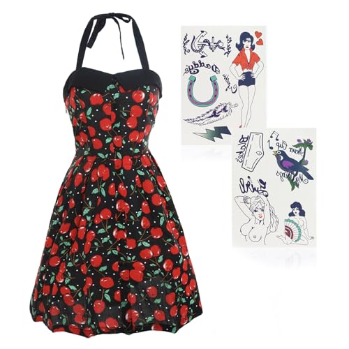 Damen 00er Jahre Sänger-Kostüm - Large/X-Large - Rot & Schwarz Rockabilly Kleid und Tattoo Set - Erwachsene Noughties Musik Fasching Kostüm Zubehör Set von I LOVE FANCY DRESS