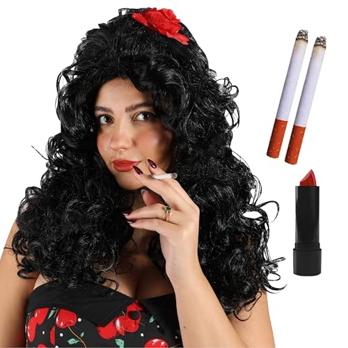 Damen 00er Jahre Sänger Zubehör Set - Schwarze Bienenstock Perücke, gefälschte Zigaretten und roter Lippenstift - Erwachsene Noughties Musik Kostüm Zubehör Set von I LOVE FANCY DRESS