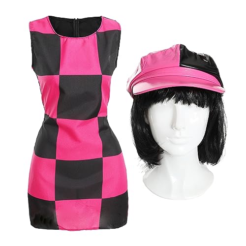 Damen 60er Jahre Mod Kostüm – Groß – Schwarz und Rosa Kariertes Kleid, passender Hut und schwarze Bob-Perücke – Erwachsene 1960er Jahre Party Faschingskostüm von I LOVE FANCY DRESS