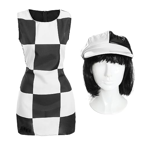 Damen 60er Jahre Mod Kostüm – Medium – Schwarz und Weiß Kariertes Kleid, passender Hut und schwarze Bob-Perücke – Erwachsene 1960er Jahre Party Kostüm von I LOVE FANCY DRESS