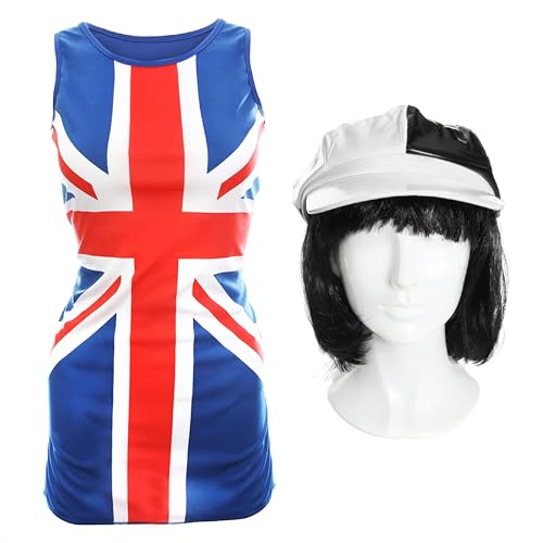 Damen 60er Jahre Mod Kostüm – XXL – Union Jack Minikleid, weiße und schwarze Kappe und schwarze Bob-Perücke – perfekt für 60er-Jahre-Motto- und britische Veranstaltungen von I LOVE FANCY DRESS