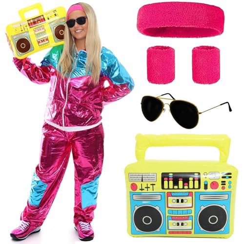 Damen 80er Jahre Kostüm - X-Large - Rosa Shellsuit, Neon Pink Stirnband & Passende Armbänder Schwarze Sonnenbrille Aufblasbare Boombox - Erwachsene 1980er Hip Hop Retro Trainingsanzug Faschingskostüm von I LOVE FANCY DRESS