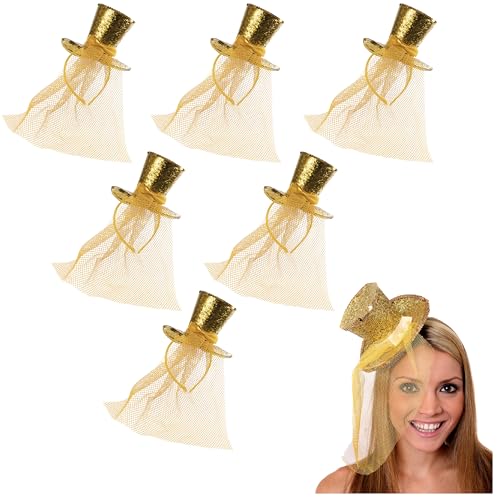 Damen Gold Glitzer Zylinder Zylinder – 6 Stück – Mini Gold Pailletten Top Hut mit angenähtem Gold Fascinator Schleier – Damen Weihnachten Kostüm Zubehör von I LOVE FANCY DRESS