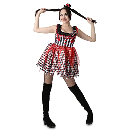 Damen Halloween Clown Kostüm – Gruseliges Böser Killer Clown Kostüm mit Streifen & Harlekin Print und Miniatur-Fascinator Hut am Stirnband von I LOVE FANCY DRESS