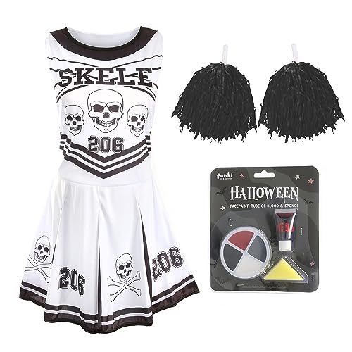 Damen Halloween Skelett Cheerleader - Groß - Schwarz/Weiß Cheerleader Kleid mit roten Pompons, blutigen Strumpfhosen, Kunstblut und Gesichtsfarbe von I LOVE FANCY DRESS