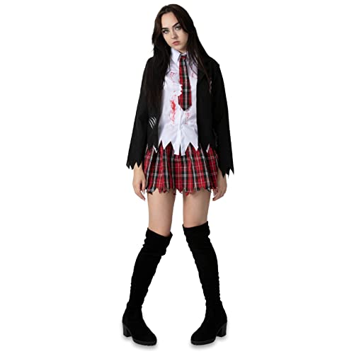 Damen Halloween Zombie Schulmädchen-Kostüm – Größe S – Schwarz und Schottenkaro, blutfleckige Schuluniform mit zerbrochenen Kanten – Erwachsene Halloween Trick or Treat Kostüm von I LOVE FANCY DRESS