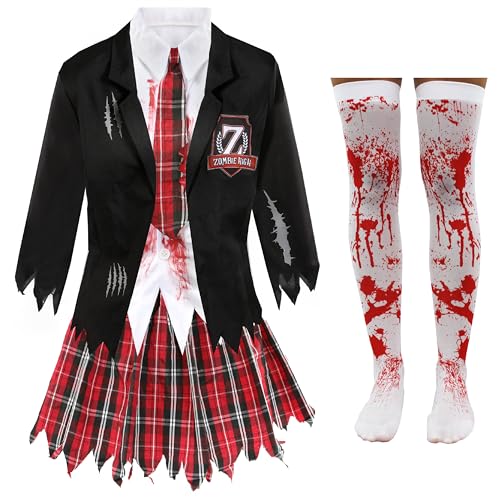 Damen Halloween Zombie Schulmädchen Kostüm - Schwarz und Tartan Blutfleckige Schuluniform mit zerbrochenen Kanten - Erwachsene Halloween Trick or Treat Fancy Dress Kostüm von I LOVE FANCY DRESS