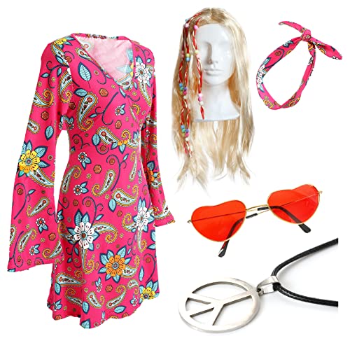 Damen Hippie-Kleid + rote Herzbrille + lange blonde Perücke & Friedenskette – rosa Blumen 60er Jahre Kleid, rosa Stirnband von I LOVE FANCY DRESS