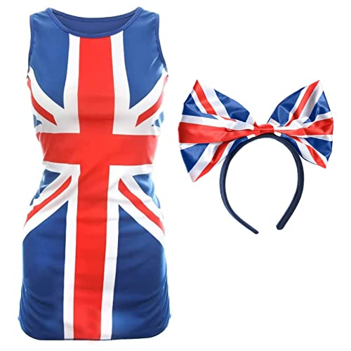 Damen Kleid und Schleife Union Jack Kleid – Größe XXXL – Blau Kleid mit Union Jack Flagge Design und Union Jack Schleife am Stirnband – Königskrönung Straße Party Kostüm von I LOVE FANCY DRESS