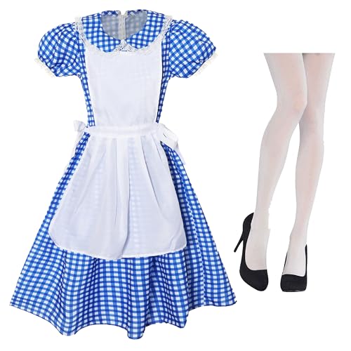 Damen-Kostüm Kansas Girl mit Strumpfhose, Größe L, blau-weißes Gingham-Kleid, weiße Schürze und weiße Strumpfhose, perfekt für den Welttag des Buches von I LOVE FANCY DRESS