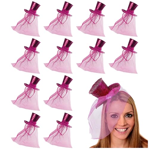 Damen Glitzer Zylinderhut - 1 Stück - Mini Pink Pailletten Zylinder mit passendem Fascinator Schleier - Damen Halloween Weihnachten Verkleidung Kostüm Zubehör von I LOVE FANCY DRESS