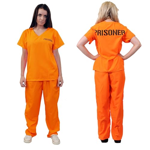 Damen Orange Sträfling Gefangenen Kostüm - Groß - Orange Oberteil & Hose mit Text "Gefangene" - Sträfling Gefangenen Polizisten und Räuber Verkleidung von I LOVE FANCY DRESS