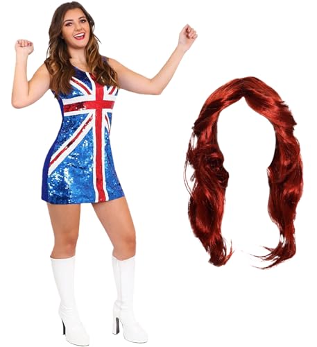 I LOVE FANCY DRESS Damen XX-Large Britisch Union Jack Paillettenkleid mit Ingwer Perücke - Rot, Weiß, Blau - 1990er Jahre Brit Pop VE Tag Jubiläum - Kostüm für Erwachsene Frauen, Großbritannien-Fans von I LOVE FANCY DRESS