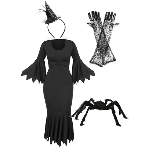 Damen Spinne Hexenkostüm – Groß – Schwarzes Kleid mit gezackten Kanten, Spinnennetz-Handschuhe, Mini-Hexenhut, Spinnenrequisite – Halloween-Verkleidung für Damen von I LOVE FANCY DRESS