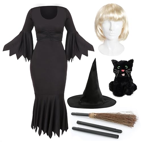 Damen Teenage Hexenkostüm – Klein – Schwarzer Hexenhut, Blonde Bob-Perücke, schwarzes Hexenkleid, schwarzer Katzen-Plüsch und 3-teiliger Hexenbesen – perfekt für Halloween und andere Kostüme von I LOVE FANCY DRESS