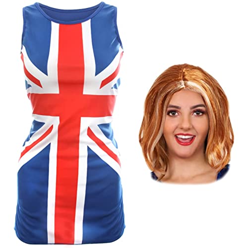 Damen Union Jack Kleid und Ingwer Perücke - Klein - Rot, Weiß und Blau Union Jack Flagge Kleid, Ingwer Perücke - 90er Jahre Musik Icons, Brit Pop, VE Day, Jubiläum Verkleidung von I LOVE FANCY DRESS