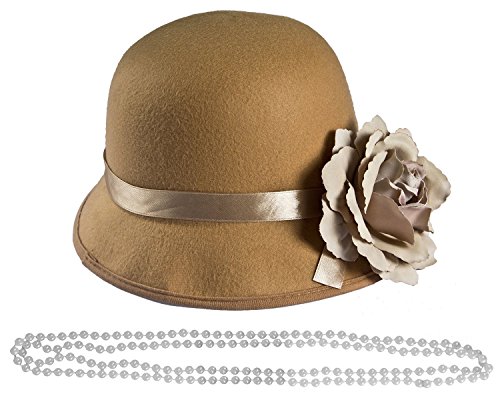 Damenhut im Stil der 1920er-Jahre, beigefarbene Glockenhut + Perlen-Halskette mit Perlen, Kostüm, Accessoire für Kostüm, 20er-30er-Jahre, Klappe, Gatsby-Mädchen von I LOVE FANCY DRESS