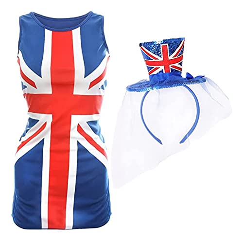 Damenkleid mit Union-Jack-Motiv und Mini-Zylinderhut – Größe S – Damen-Kleid mit Fascinator-Hut – VE Day, Königskönig-Königskrönung, britisches Kostüm von I LOVE FANCY DRESS