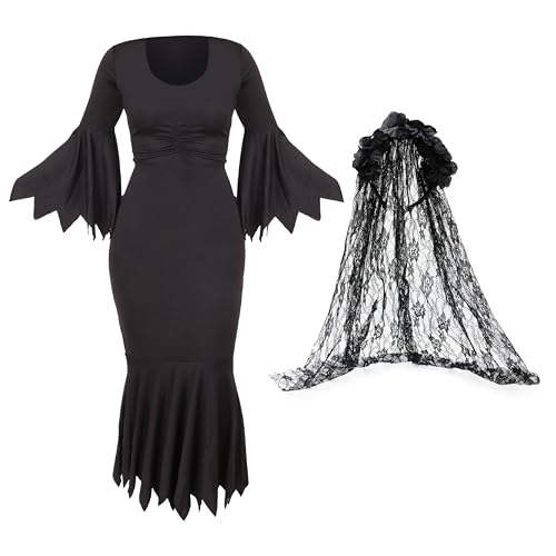 Damenkostüm Braut der Dunkelheit, Größe XXXL, schwarzes Kleid mit gezackten Kanten, schwarzer Rosenschleier, Halloween-Kostüm für Damen von I LOVE FANCY DRESS