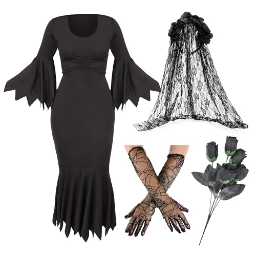 Damenkostüm Braut der Finsternis, Größe XL, schwarzes Kleid mit gezackten Kanten, schwarzer Rosenschleier, Spinnennetz-Handschuhe, schwarzer Rosenstrauß, Halloween-Kostüm für Damen von I LOVE FANCY DRESS