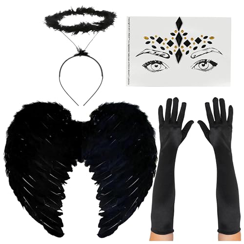 Dark Angel Zubehör-Set – Schwarzes Heiligenschein Stirnband, schwarze Federflügel, lange schwarze Handschuhe und schwarze und goldene Edelsteine – perfekt für Halloween und andere Kostüme von I LOVE FANCY DRESS