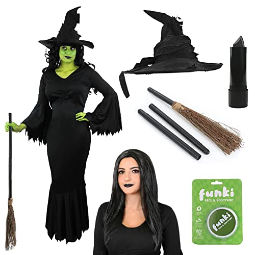 Deluxe-Hexenkostüm für Damen, Größe XL, perfekt für Halloween-Kostüm, Set enthält Kleid, Hut, Gesichtsfarbe, Besen, Perücke und Lippenstift von I LOVE FANCY DRESS