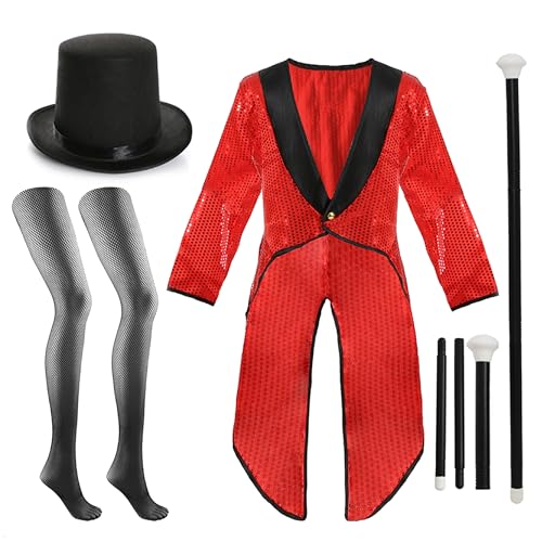 Deluxe-Ringmaster-Kostüm für Erwachsene, Größe S, schwarzer Zylinderhut, roter Paillettenmantel, 3-teiliger Tanzstock und schwarze Netzstrumpfhose, perfekt für Themen-Kostüme von I LOVE FANCY DRESS