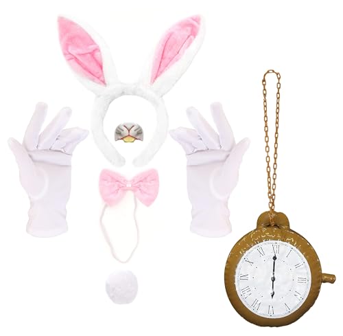 Deluxe Wonderland Kaninchen-Kostüm-Zubehör-Set für Erwachsene, Hasenohren + Fliege + Aufblasbare Uhr + Handschuhe + Nase (Pink) von I LOVE FANCY DRESS