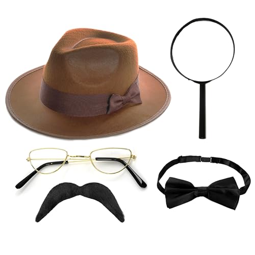 Detektiv-Zubehör-Set für Erwachsene, brauner Fedora-Hut, Lupe, Halbmond-Brille, Fliege und Schnurrbart, Erwachsenen-Ermittler, Kostümzubehör-Set von I LOVE FANCY DRESS