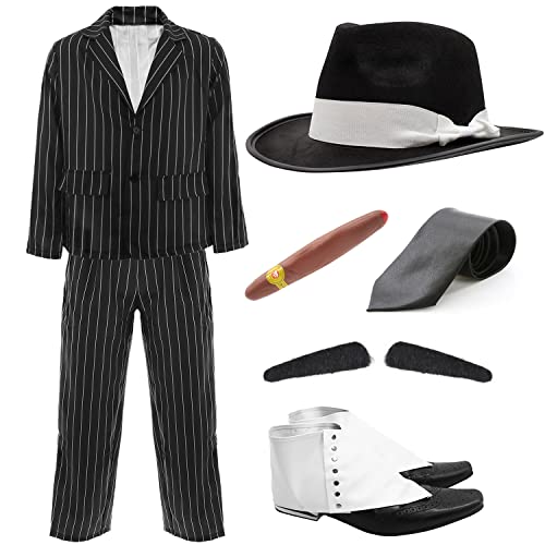 ERWACHSENE 1920's GANGSTER-KOSTÜM FÜR HERREN-SCHWARZ, NADELSTREIFEN-ANZUG JACKE WEISS/HOSE SCHWARZ MIT SCHWARZER FILZHUT MIT SATIN-BAND, AUFBLASBAR, TOMMY GUN SCHWARZHÄNDLER SCHNURRBART ZUM AUFKLEBEN ILOVEFANCYDRESS ® VON s BIS XXL von I LOVE FANCY DRESS