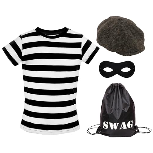 Einbrecher-Kostüm für Kinder, Größe M, schwarz-weiß gestreiftes T-Shirt, schwarze Augenmaske, braune flache Kappe, schwarze Swag-Tasche – Kinderkostüm zum Weltbuchtag von I LOVE FANCY DRESS