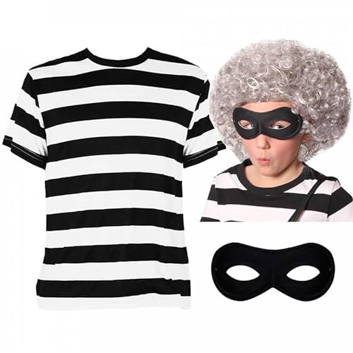 Einbrecher-Kostüm für Kinder, Größe XL, Graue Afro-Perücke, schwarze Augenmaske und schwarz-weiß gestreiftes T-Shirt, perfekt für den Welttag des Buches und andere Kostüme von I LOVE FANCY DRESS