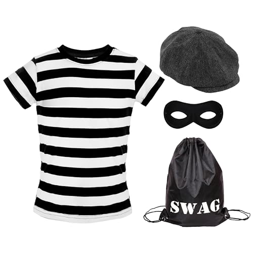 Einbrecher-Kostüm für Kinder, Größe XL, schwarz-weiß gestreiftes T-Shirt, schwarze Augenmaske, schwarze flache Kappe, schwarze Swag-Tasche – Kinderkostüm zum Weltbuchtag von I LOVE FANCY DRESS