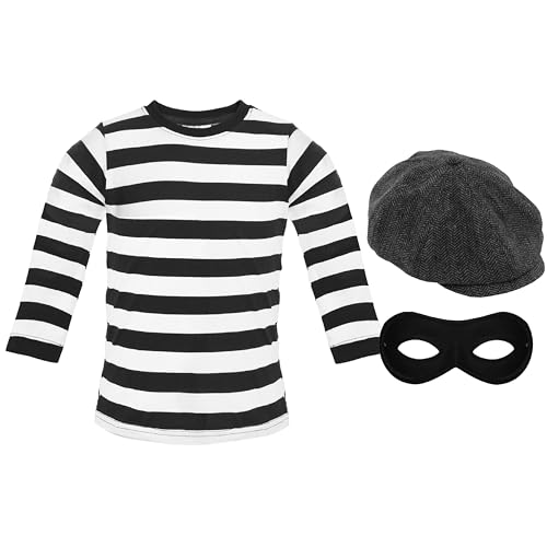 Einbrecher-Kostüm für Kinder, gestreiftes Oberteil, flache Kappe, schwarze Maske, für Jungen und Mädchen, Weltschule, Buchwoche, Outfit – M von I LOVE FANCY DRESS