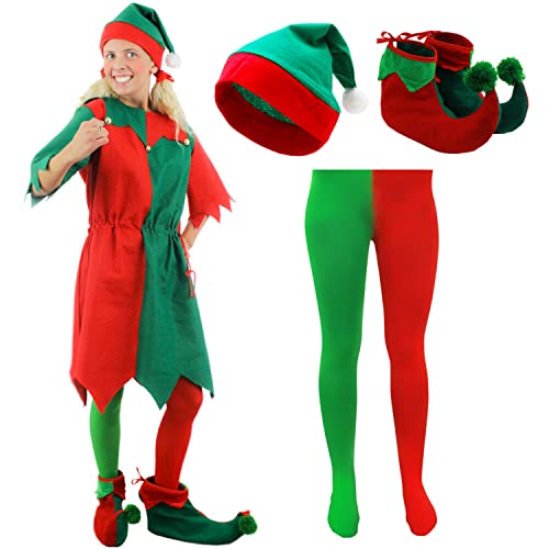 Elfenkostüm für Herren und Damen, Rot / Grün, mit Glöckchen, Elfenstrumpfhosen, Elfenstiefel und Elfenhut (XXXXL) von I LOVE FANCY DRESS