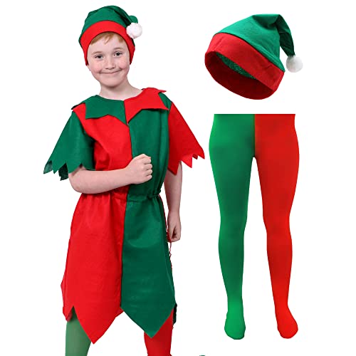 Elfenkostüm für Kinder, Rot/Grün, Tunika + Elfenmütze mit Bommel + rote und grüne Strumpfhose, freche Weihnachtselfe, Weihnachtsmanngrotte, Größe XL von I LOVE FANCY DRESS