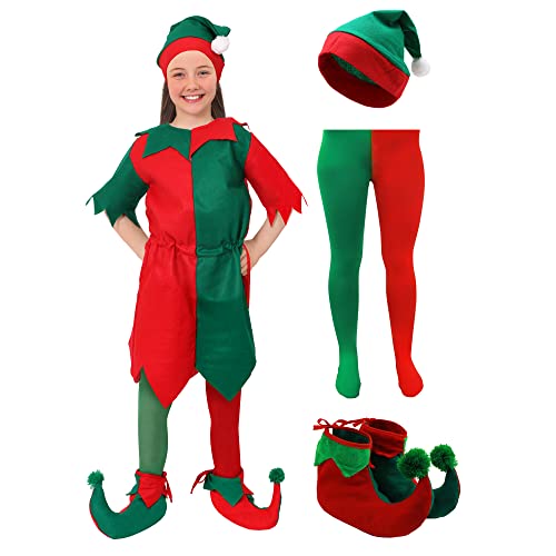 Elfenkostüm für Mädchen, Rot/Grün, Tunika + Elfenmütze mit Bommel + rot/grüne Strumpfhose und Elfenstiefel, freche Weihnachtselfe, Weihnachtsmanngrotte, Größe XL von I LOVE FANCY DRESS