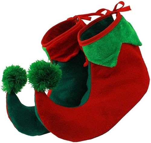 Elfenschuhe für Erwachsene, rote und grüne Elfenstiefel mit gefüllten gekräuselten Zehen, Weihnachts-Verkleidung, Elfen-Schuh-Accessoire, Weihnachtsmann, kleiner Helfer, Elfen-Abdeckungen von I LOVE FANCY DRESS