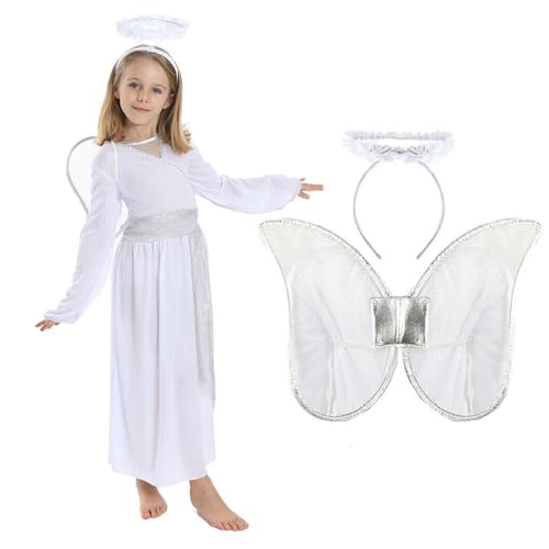 Engelskostüm für Kinder - Größe L - weißes Engelskleid mit silbernen Details + silbernes Stirnband - Engelskostüm für Mädchen - Weihnachtskrippe Kostüm von I LOVE FANCY DRESS