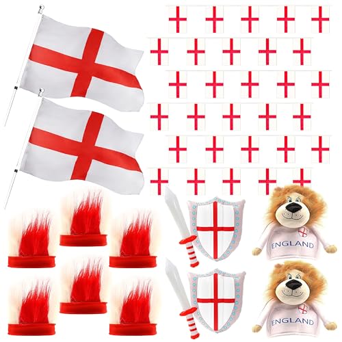 England-Fußball-Kostüm-Party-Set, 14-teiliges Set mit englischen Fußball-Fans, St. Georges Flaggen, England-Wimpelkette, aufblasbare Schwerter und Schilde, England-Stirnbänder und Löwenhüte von I LOVE FANCY DRESS