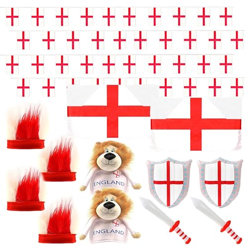 England-Fußball-Kostüm-Party-Set – 12-teiliges Set mit englischen Fußball-Fans – Umhänge mit St. Georges-Flagge, England-Wimpelkette, aufblasbare Schwerter und Schilde, Löwenhüte und von I LOVE FANCY DRESS