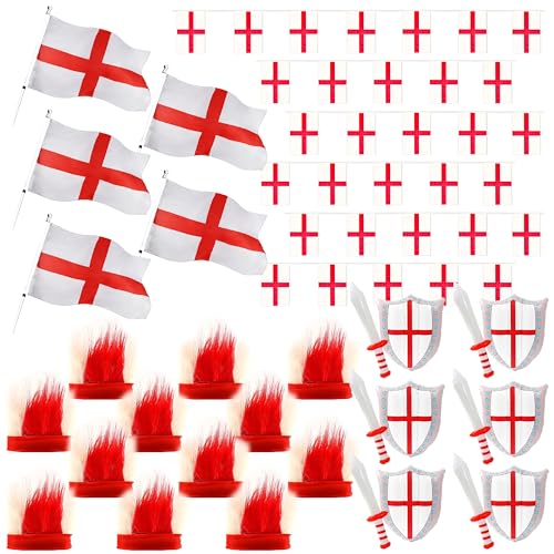 England-Fußball-Kostüm-Party-Set – 28-teiliges Set mit englischen Fußball-Fans – St. Georges Flaggen, England-Wimpelkette, aufblasbare Schwerter und Schilde und England-Stirnbänder von I LOVE FANCY DRESS