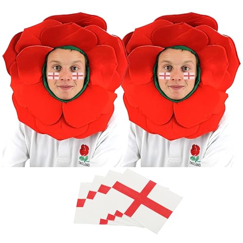 Englische Rosenhut, Rugby-Fußball, Roter Rosenhut plus Tattoos, WM Kostüm-Accessoire, England Englisch Sport Fan Hut von I LOVE FANCY DRESS