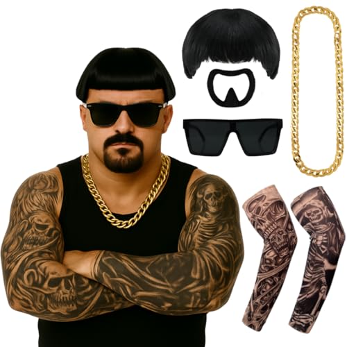 Erwachsene Ibiza Final Boss Kostüm Zubehör Set - Bowl Cut Perücke, Ziegenbart Stick On, 2 Tattoo-Ärmel, Goldkette mit schwarzer übergroßer Brille - Lustiges Faschingskostüm-Set Erwachsene Ibiza Final Boss Kostüm Zubehör Set - Bowl Cut Perücke, Ziegenbart Stick On, 2 Tattoo-Ärmel, Goldkette mit schwarzer übergroßer Brille - Lustiges Faschingskostüm-Set von I LOVE FANCY DRESS